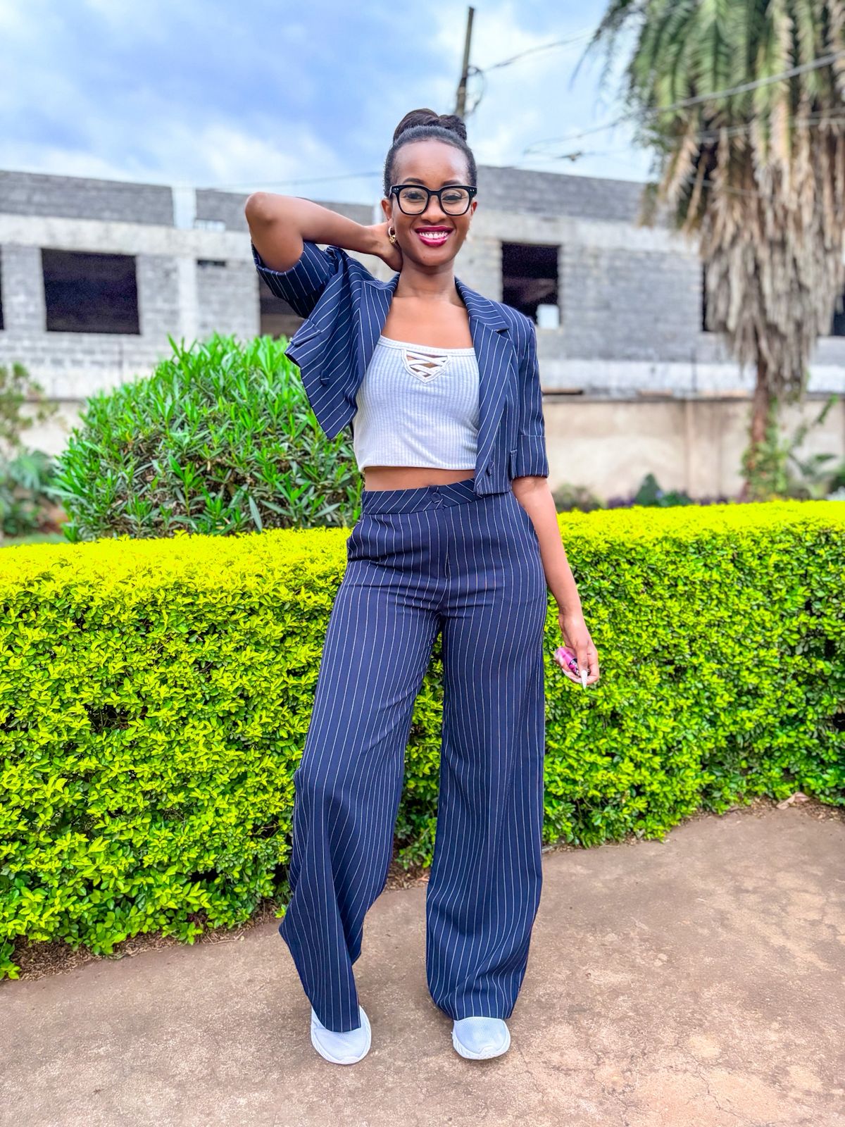 Navy Pinstripe Wide-Leg Trousers